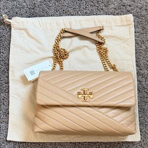 Tory Burch Beige Quilted Shoulder Bag with Gold Chain